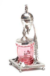 Meriden Victorian Silver Plate & Cranberry Glass Biscuit Jar, Covered Jam Server, In Castor  19th C.