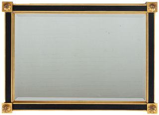 Carolina Mirror Co. Black Painted & Gilt Wood Mirror, Rosette Square Corners, H 42" W 31"