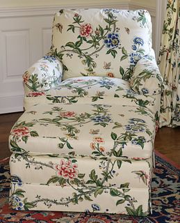 Baker Furniture (American) Upholstered Armchair & Ottoman, Floral Motif, H 32" W 33" Depth 37"