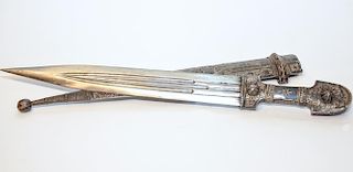 A Niello Silver Caucasian Dagger (Kindjal) with Sheath.