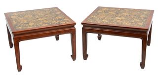 Japanese Style Embossed Wood End Tables, H 18" W 24" L 26" 1 Pair