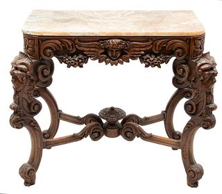 Carved Walnut & Gesso Console Table, Onyx Top, H 29" L 35" Depth 18"