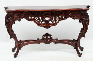 Carved Mahogany Console Table, H 34" L 59" Depth 18"