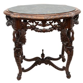 Italian Rococo Style Carved Walnut Side Table, Marble Top, H 30" L 32" Depth 24"