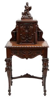 Carved Walnut Telephone Table, Ca. 1920, H 42" W 24" Depth 14"