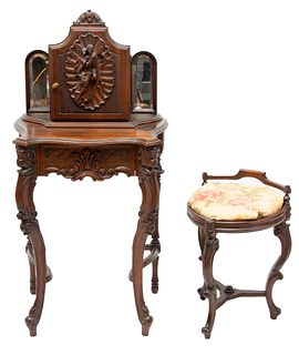 Carved Walnut Telephone Table And Stool, Ca. 1910, H 46" W 24" Depth 17" 2 pcs