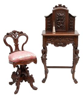 Carved Walnut Telephone Table + Chair, Ca. 1910, H 45" W 22" L 15"
