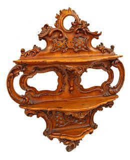 French Rococo Style Carved Mahogany Hanging Shelf, Ca. 1900, H 34" W 26.5"