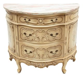 French Style Three-Drawer Commode, Pink Marble Top, Ca. 1940, H 30" W 36" Depth 17"