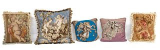 Needlepoint & Beaded Pillows, Cherubs & Flowers, H 24" W 23" 5 pcs