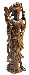 Chinese Carved Tiger Eye Quan Yin Beauty, Ca. 1920, H 10"