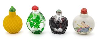 Chinese Porcelain And Glass Overlay Snuff Bottles Ca. 19th.c., H 2.5" 4 pcs