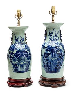Chinese Blue & White Porcelain Vases Converted To Lamps, Pair, H 16" Dia 8"