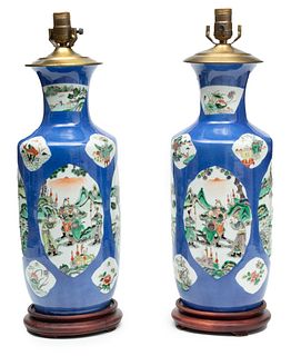Chinese Kangxi Revival Famille Verte Porcelain Vases Converted To Lamps, Ca. Late 19th/early 20th C., H 17" Dia. 7" 1 Pair