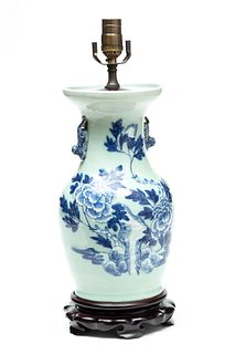 Chinese Blue & White Porcelain Vase Converted To Lamp, H 20 Dia 8