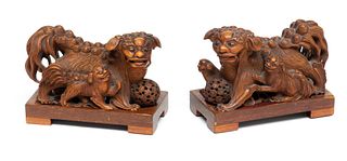 Chinese Carved Wood Foo Dogs, With Stands Ca. 19th.c, H 2.75" W 2" L 4.75"