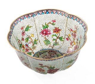 Chinese Plique A Jour Enamel Bowl, Flower Motif, H 3" Dia. 6"
