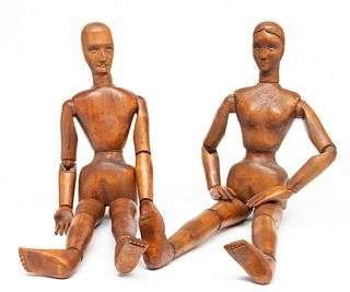 Carved Wood Male And Female Ball Jointed Mannequins, W 8" L 32"