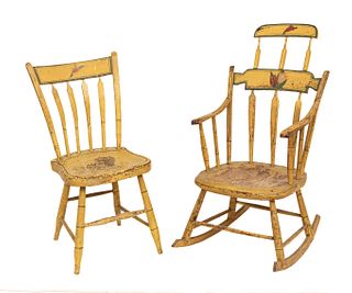 Painted Wood Side Chair And Rocking Chair, H 38.5" W 19" Depth 23" 2 pcs