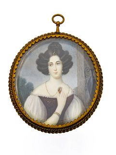 American Miniature Watercolor Painting, Ca. 18th.c., Lady Holding Locket, Dia. 2.7"
