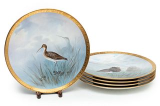 A.H. Wright For Mintons (English) Painted Porcelain Plates, Ca. 1910, Bird Specimens, H 1" Dia. 8.75" 5 pcs