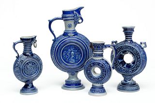 German Glazed Stoneware Circular Ewers, Ca. 1900, H 13" W 3" L 6" 4 pcs