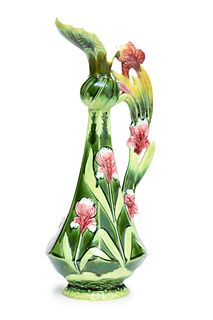 Art Nouveau Glazed Ceramic Ewer, Orchid & Petal, Ca. 1920, H 17" W 7"