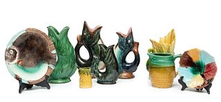 Majolica Ceramic Fish Form Vases, Plates, Pitcher Grouping, Ca. 1900, 9 pcs