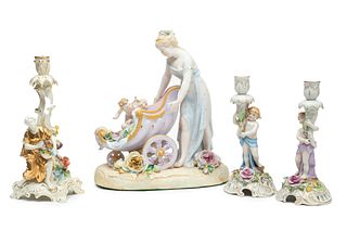 Bisque Hand Painted Group, Lady & Carriage, Dresden Candlesticks (3) H 15" W 11" 4 pcs