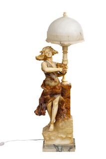 P. Conti (Italian) Carved Marble & Alabaster Floor Lamp, Ca. 1940, H 49" W 14" Depth 13"
