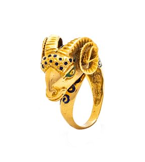 Enamel And Yellow Gold Ram's Head Ring, Size 2.75
