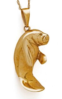 14kt Yellow Gold Manatee Pendant, 14kt Gold Chain, L 26" 9g