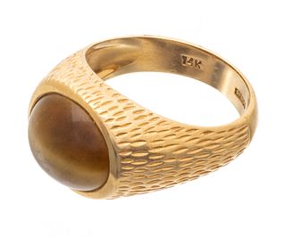 14K Yellow Gold And Tigers Eye Man's Ring, Size9 1/2, 9g
