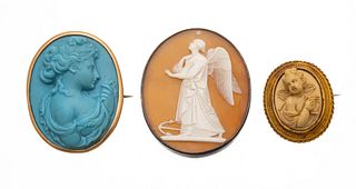 Carved Cameo Brooches, Standing Angel 1.7', Chalcedony Blue Profile Ca. 1900, H 1.7" 3 pcs
