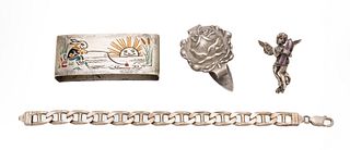 Sterling Silver Bracelet, Angel Brooch, Money Clip & Napkin Ring L 7" 60g 4 pcs