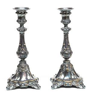 Polish, Norblin & Co Silver Plated Candlesticks, Ca. 1920, H 12" W 5" L 5" 1 Pair