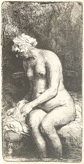 Rembrandt Van Rijn (Dutch, 1606-1669) Etching On Laid Paper, Without Watermark, 1658, Woman Bathing Her Feet At A Brook, H 6.3" W 3.1"