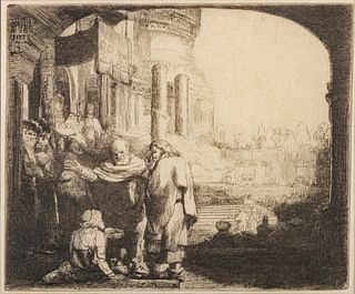 Rembrandt Van Rijn (Dutch, 1606-1669) Etching On Paper, 1659, Peter And John Healing The Cripple At The Gate Of The Temple, H 7.2" W 8.5"