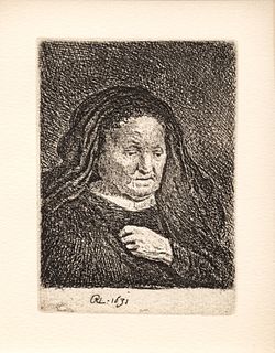 Rembrandt Van Rijn (Dutch, 1606-1669) Etching On Arches Laid Paper, Artist's Mother With Hand On Chest, H 3.57" W 2.5"