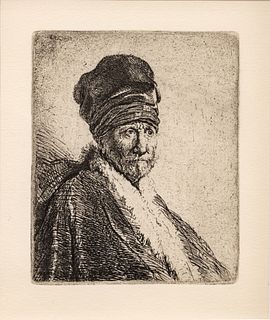 Rembrandt Van Rijn (Dutch, 1606-1669) Etching On Arches Laid Paper, Bust Of Man Wearing High Cap, H 4" W 3.25"