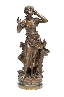 Mathurin Moreau (French, 1822-1912) Bronze Sculpture, 1889, L'Echo, H 25" Dia. 9"