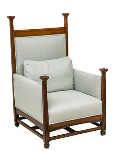 Walter Cave , 1863-1939 Rare Arts & Crafts, Ca. 1899, Carved Oak Upholstered Armchair With Voysey Style Uprights, H 47.75" W 28" Depth 30"