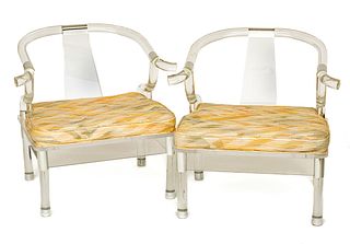 Attributed to Charles Hollis Jones (American, B. 1945) Lucite & Chromed Steel Oxbow Armchairs, Ca. 1970, Pair H 30" W 30.5" Depth 24"