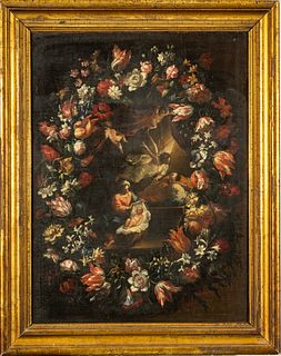 Flemish School Oil On Canvas, Ca. 18th C., Floral Garland With Annunciation, H 39" W 29"