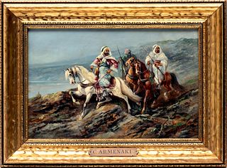 Hungarian Oil On Mahogany Panel, Ca. Late 19th/early 20th C., Arab Horsemen, H 8.25" W 12.25"