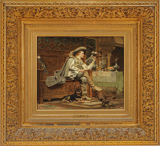 Paul Alphonse Viry (French, 1832-1913) Oil On Beveled Mahogany Panel, 1877, The Falconer, H 11.75" W 14.5"
