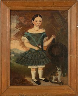 American Folk Art Primitive Portrait, Oil On Canvas, Ca. 1800, Of A Young Girl In A Blue/green Dress With Cat, H 37" W 28"