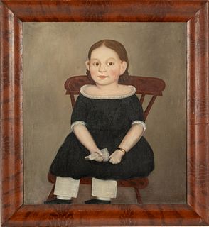American School, Primitive Portrait, Oil On Canvas, Ca. 1830, Young Girl Seated, H 26.5" W 32.5"