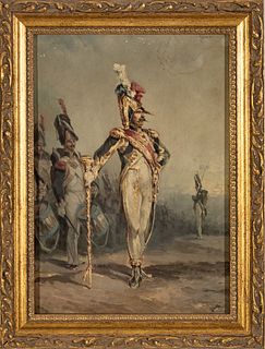 French Oil On Beveled Mahogany Panel, 19th C., Grenadiers, H 13" W 9.25"