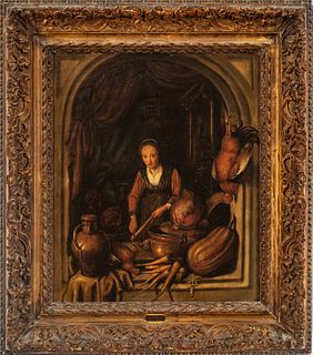 After Gerard Dou (Dutch) Oil On Beveled Mahogany Panel Late 18th/ Early 19th C., Cook Peeling Carrots, H 21" W 18"